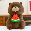 Cute brown marmot plush toy holding watermelon, soft stuffed animal doll for kids sleeping pillow. - Holding Watermelon / 30 cm