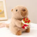 Cute plush marmot doll holding a red crochet flower bouquet, soft toy gift for girlfriend. - Beige