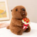 Cute marmot plush toy holding a crochet flower bouquet, soft stuffed animal gift for girlfriend - Brown