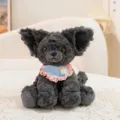 Cute Devon Rex plush toy, fluffy dark grey cat doll with lovely frilly bib, soft birthday gift. - Pink Scarf