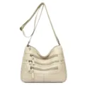 Women's multi-layer soft leather crossbody bag, stylish casual shoulder handbag with zip pockets. - Off White