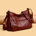 Borsa a tracolla in pelle lavata da donna, borsa casual multi-tasche pratica di colore rosso - Rosso