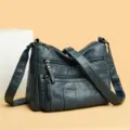 Borsa a tracolla in pelle morbida da donna, elegante borsa multifunzione con tasche e zip. - Blu