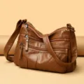 Brown soft leather multi-pocket shoulder bag for women, casual crossbody purse with zippers. - Brown