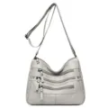 Grey multi-pocket soft leather women shoulder bag casual crossbody handbag for daily wear. - Light Gray