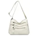 Stylish women white multi-zipper soft leather casual crossbody shoulder bag for daily use - White