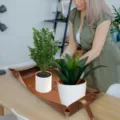 Waterproof leather gardening mat detail showcasing potted plants on a brown tray. - Brown