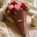 Seau Cône de Fleurs en Cuir PU Boîte d'Emballage de Bouquet de Luxe avec Fermoir Tournant Cadeau - Pack Unique (Sans Fleurs) / Bordeaux