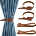 Adjustable brown leather curtain tiebacks, punch-free drape holder straps for home decor. - Dark Brown