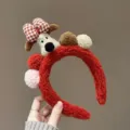 Roter Plüsch Cartoon Hund Haarreif mit süßer Schleife und flauschigen Pompons, weicher Haarschmuck. - Haarreifen mit Karomuster & Hundeschleife