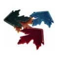 Close-up detail of handcrafted leather maple leaf corner bookmarks with neat white stitching. - Burgundy