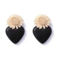 Raffia woven flower black heart earrings detailed view, bohemian style acrylic geometric jewelry for women. - Black