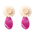 Rattan woven flower and pink acrylic teardrop statement earrings for summer vacation style. - Rose Red