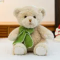 Cute plush teddy bear toy with green knitted bow, soft stuffed animal doll for kids gift. - Beige-Green / 30cm