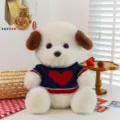 Cute plush puppy toy wearing knitted blue sweater with red heart, soft stuffed animal gift. - Blue Heart Clothes / 30 cm