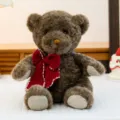 Brown Teddy Bear Plush Toy, Cute Stuffed Animal with Red Knit Bow Tie, Soft Hugging Doll - Coffee Red