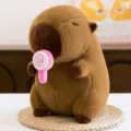Cute capybara plush toy holding a pink lollipop, soft stuffed animal doll gift for kids. - Pink Lollipop / 30 cm