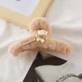 Autumn winter plush hair claw clip with cute bear and leather tag, cozy hair accessory. - Cat Paw Bear Letter Plush Claw Clip / Off White