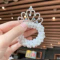 Kids pearl hair tie with rhinestone crown, cute princess scrunchie for girls hair styling. - Princess Crown Hair Tie #2