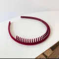Wine red velvet toothed headband, anti-slip hair hoop for daily face washing and styling. - Round Flocked with Teeth / Red