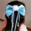 Blue satin bow hair clip for kids with plush pom-pom long ribbons and cute bells hanfu style. - Blue Bow with White Pom-pom