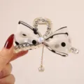 Koreaanse organza strik haarklem met strass steentjes en parel kwastje voor elegante vrouwen stijl - Stippen Dubbelzijdige Strik Kwast / Witte Basis