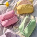 Korean style quilted cotton cosmetic bag with cute cherry lining and zip closure. - 17.5*10.5*10.5cm / Yellow