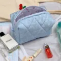 Blue and white gingham quilted cosmetic bag, cute cherry pattern makeup pouch for travel. - 17.5*10.5*10.5cm / Light Blue