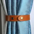 Nordic PU leather curtain tieback detail shot, punch-free buckle for home window decor. - Tan
