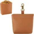 Brown PU leather dog treat pouch detail, portable training food bag with metal clasp. - Brown