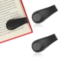Black leather magnetic bookmarks set of 3, stylish page marker for books and reading notes. - Black