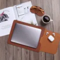 Brown PU leather laptop sleeve business computer bag large organizer pad with accessory flap - 16" / Tan