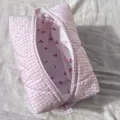 Pink Gingham Cherry Cosmetic Bag Quilted Travel Pouch Makeup Organizer for Women and Girls - 17.5*10.5*10.5cm / Lavender
