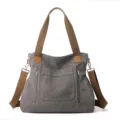 Borsa shopper grigia in tela con manici marroni, versatile tracolla e borsa a spalla. - Taglia piccola 29x33x12 cm / Grigio