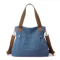 Borsa tote in tela blu con manici marroni, borsa a spalla e tracolla versatile da donna. - Taglia piccola 29x33x12 cm / Blu