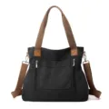 Borsa shopper tote in tela nera da donna, borsa a tracolla versatile con robusti manici marroni. - Taglia piccola 29x33x12 cm / Nero