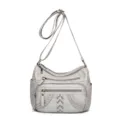 Borsa a tracolla grigia da donna con tasche multiple borchie dettagli intrecciati e zip - Bianco