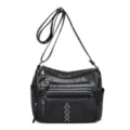 Borsa a tracolla nera in pelle morbida con zip multiple e borchie. Grande borsa casual elegante. - Nero