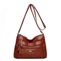 Borsa a tracolla donna in morbida pelle marrone con tasche multiple con zip uso quotidiano. - Marrone