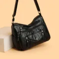 Schwarze, gewaschene Leder Umhängetasche mit vielen Fächern, stilvolle und geräumige Damentasche. - Schwarz