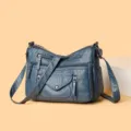 Blaues Washed-Leder Umhängetasche, vielseitige Handtasche mit mehreren Fächern für Damen. - Blau