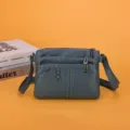 Washed soft leather crossbody bag, multi-zipper pocket, casual womens messenger bag - Blue (Vertical Stripes)