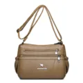 Soft leather women shoulder bag multi-layer zipper casual crossbody bag for middle-aged mother. - Khaki