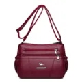 Wine red soft leather multi-pocket shoulder bag for women, elegant daily crossbody bag. - Red