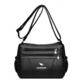 Black soft leather shoulder bag for women, urban minimalist multi-layer crossbody design. - Black