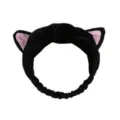 Cute plush cat ear headband for washing face makeup soft elastic hair hoop black stylish - Black