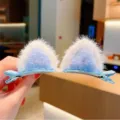Cute fluffy cat ear hair clip detail, plush 3D hair accessory for little girls and kids. - Blue Cat Ears Pair