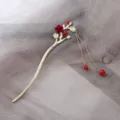 Ancient Chinese style golden hair stick with red rose and tassel chain for Hanfu styling. - [Red Rose] Tassel Hairpin