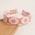 Pink and white crochet knitted headband, bohemian style wide hair hoop hair accessory for women. - Pink White