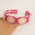 Boho style crochet knitted headband, pink floral granny square wide hair hoop for daily wear. - Rose Pink